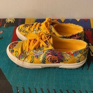 Superga satin Korelaw embroidered gold floral sneaker 37 womens 6.5